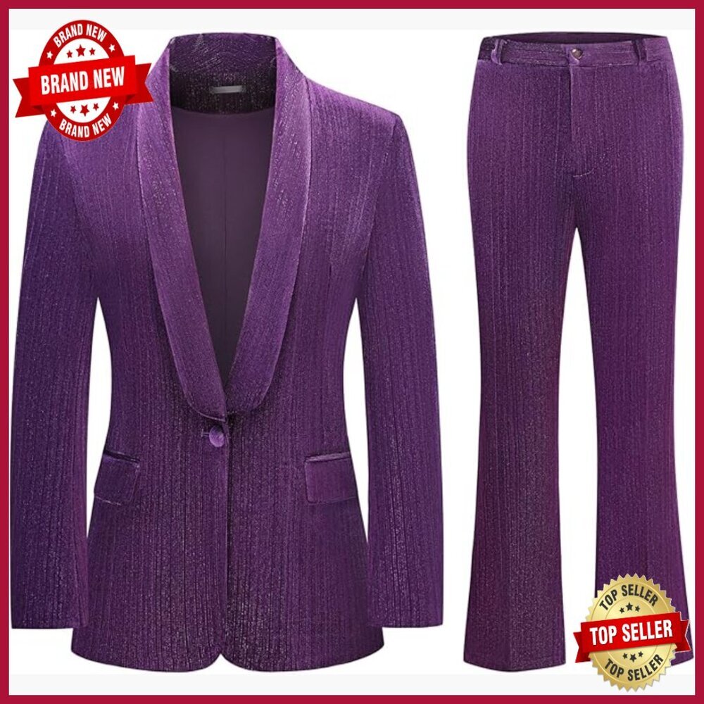 Velvet Blazer and Flared Pants Suit Set with Silver Threads